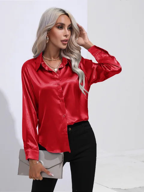 Women's Satin Button-Up Blouse - Long Sleeve Relaxed Fit - Classic Collar Elegant Dress Shirt Modehuis-Nederland