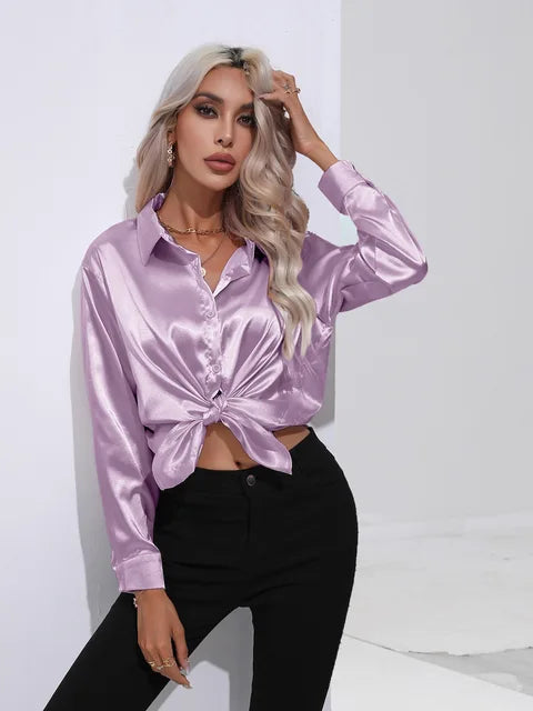 Women's Satin Button-Up Blouse - Long Sleeve Relaxed Fit - Classic Collar Elegant Dress Shirt Modehuis-Nederland