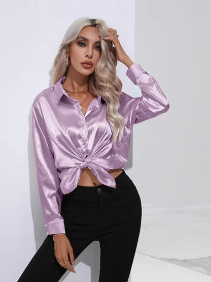 Women's Satin Button-Up Blouse - Long Sleeve Relaxed Fit - Classic Collar Elegant Dress Shirt Modehuis-Nederland