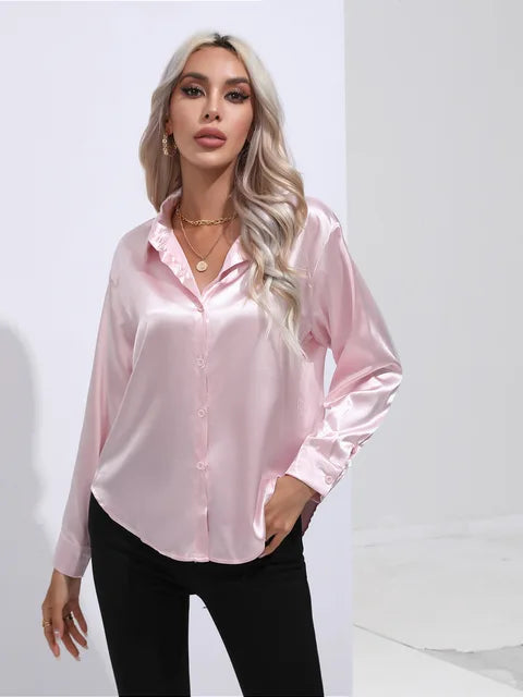 Women's Satin Button-Up Blouse - Long Sleeve Relaxed Fit - Classic Collar Elegant Dress Shirt Modehuis-Nederland