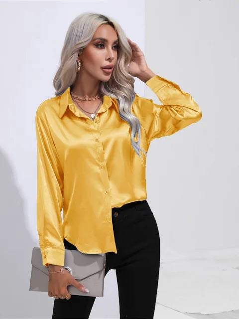 Women's Satin Button-Up Blouse - Long Sleeve Relaxed Fit - Classic Collar Elegant Dress Shirt Modehuis-Nederland