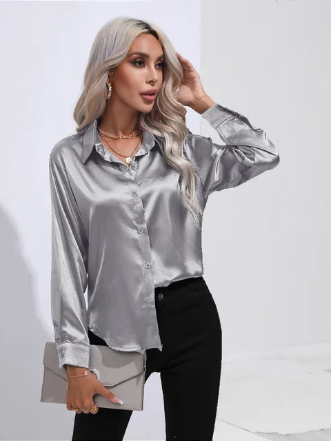 Women's Satin Button-Up Blouse - Long Sleeve Relaxed Fit - Classic Collar Elegant Dress Shirt Modehuis-Nederland