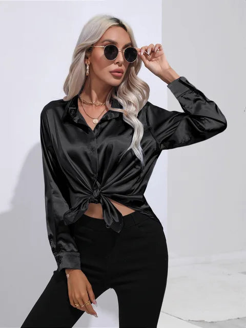 Women's Satin Button-Up Blouse - Long Sleeve Relaxed Fit - Classic Collar Elegant Dress Shirt Modehuis-Nederland