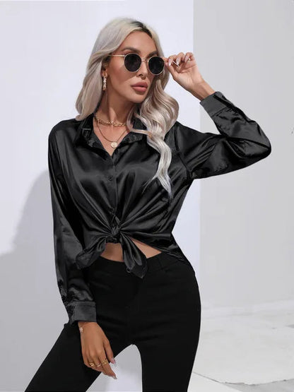 Women's Satin Button-Up Blouse - Long Sleeve Relaxed Fit - Classic Collar Elegant Dress Shirt Modehuis-Nederland
