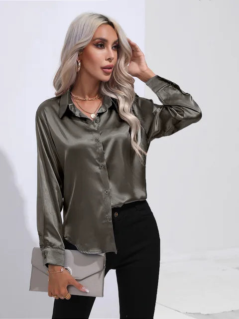 Women's Satin Button-Up Blouse - Long Sleeve Relaxed Fit - Classic Collar Elegant Dress Shirt Modehuis-Nederland