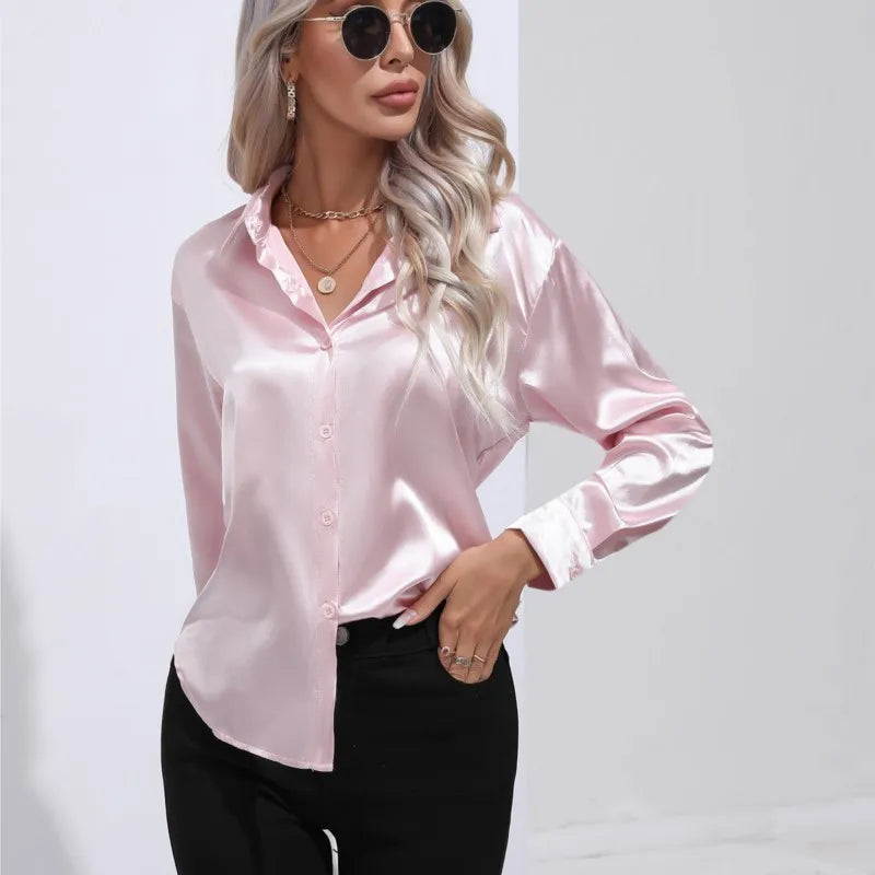 Women's Satin Button-Up Blouse - Long Sleeve Relaxed Fit - Classic Collar Elegant Dress Shirt Modehuis-Nederland