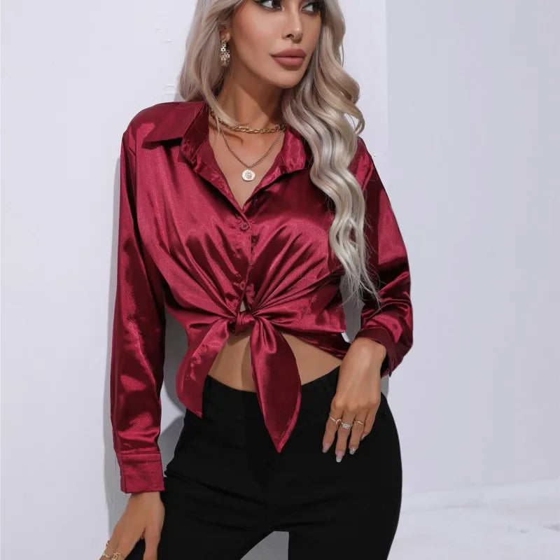 Women's Satin Button-Up Blouse - Long Sleeve Relaxed Fit - Classic Collar Elegant Dress Shirt Modehuis-Nederland