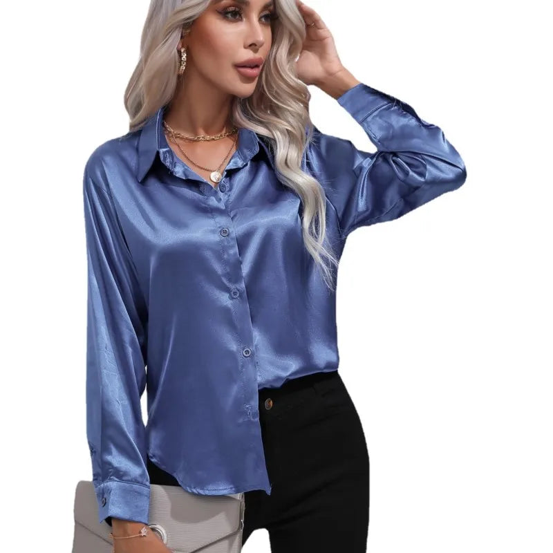 Women's Satin Button-Up Blouse - Long Sleeve Relaxed Fit - Classic Collar Elegant Dress Shirt Modehuis-Nederland