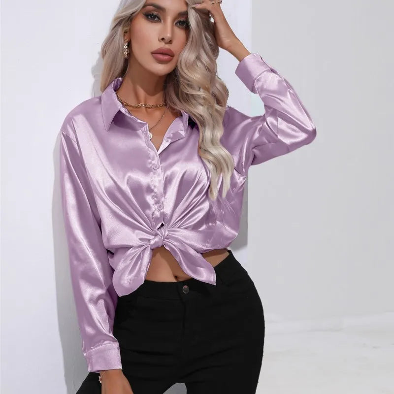 Women's Satin Button-Up Blouse - Long Sleeve Relaxed Fit - Classic Collar Elegant Dress Shirt Modehuis-Nederland