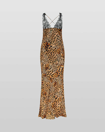 Maxi jurk met luipaardprint en kanten details – Ravella Modehuis-Nederland