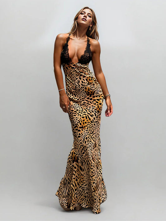 Maxi jurk met luipaardprint en kanten details – Ravella Modehuis-Nederland