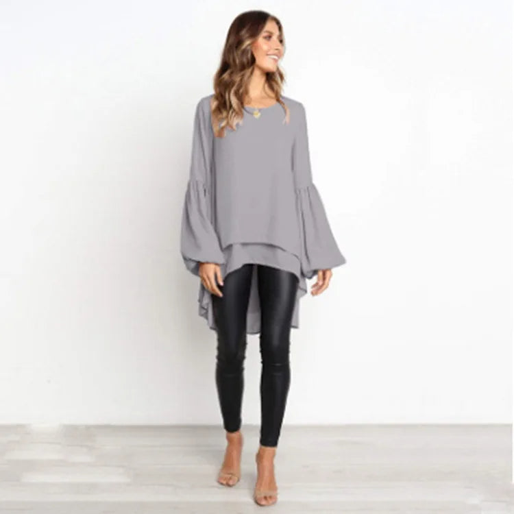 BIRDIE - Asymmetrical Lantern Sleeve Round Neck Blouse Modehuis-Nederland