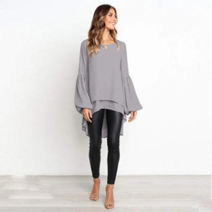 BIRDIE - Asymmetrical Lantern Sleeve Round Neck Blouse Modehuis-Nederland