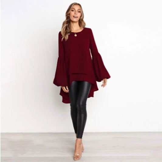 BIRDIE - Asymmetrical Lantern Sleeve Round Neck Blouse Modehuis-Nederland