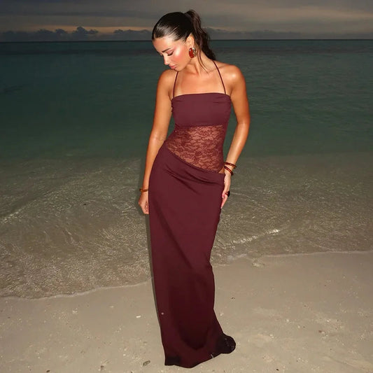 Lace maxi jurk met bandeau top en kanten taille – Alviera Modehuis-Nederland