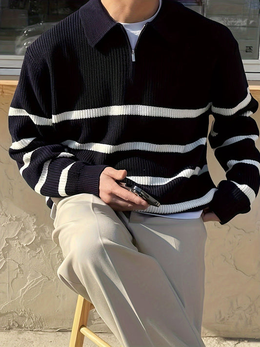 Armando - Half-zip BW Striped Sweater Modehuis-Nederland