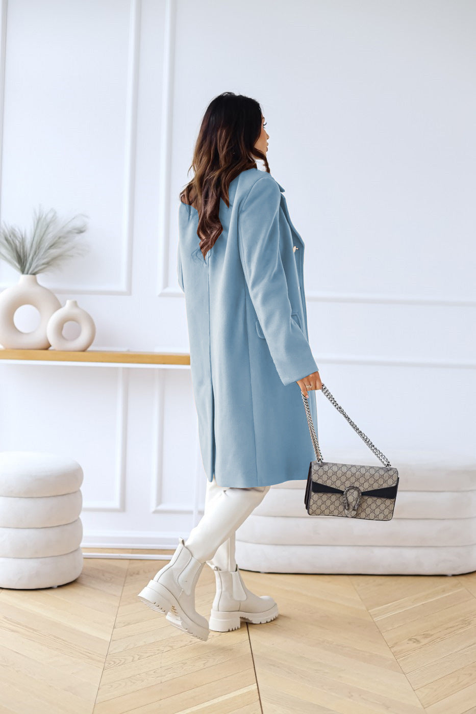 Wool-look Coat - Women's Classic Double Breasted Long Winter Coat Modehuis-Nederland