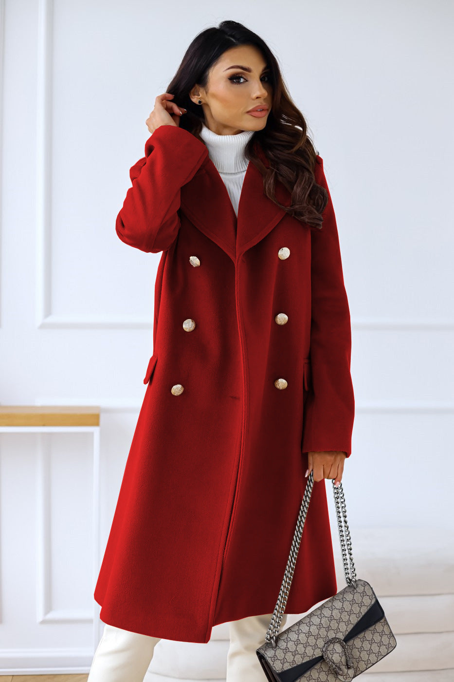 Wool-look Coat - Women's Classic Double Breasted Long Winter Coat Modehuis-Nederland