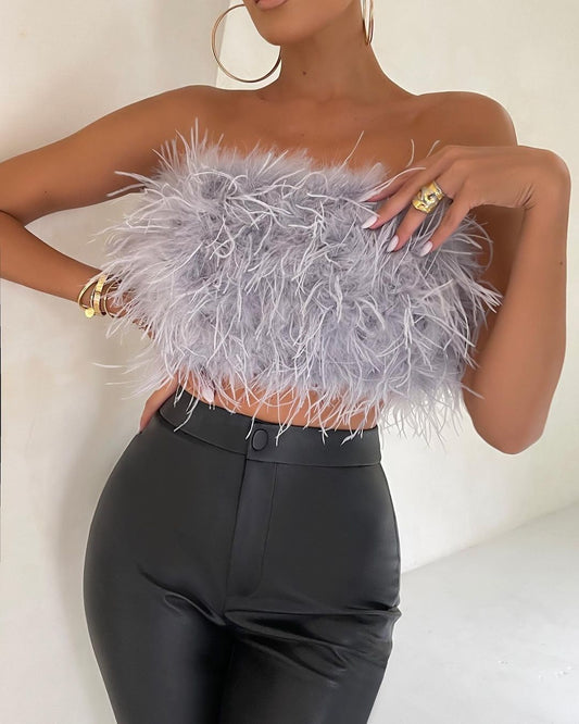 Feather Top - Strapless - Zip Up - Crop Top - Party Top Modehuis-Nederland