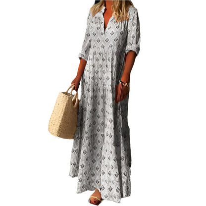 Women’s Maxi Dress – Lightweight Cotton – Loose Fit – V-Neck – Vintage Print – 3/4 Sleeve Modehuis-Nederland
