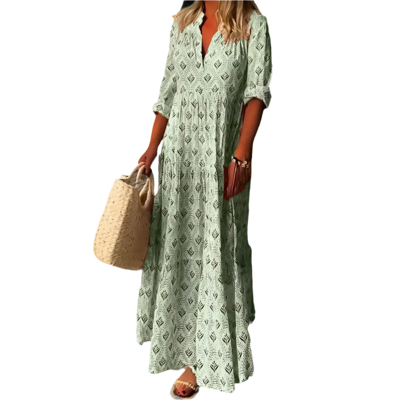Women’s Maxi Dress – Lightweight Cotton – Loose Fit – V-Neck – Vintage Print – 3/4 Sleeve Modehuis-Nederland