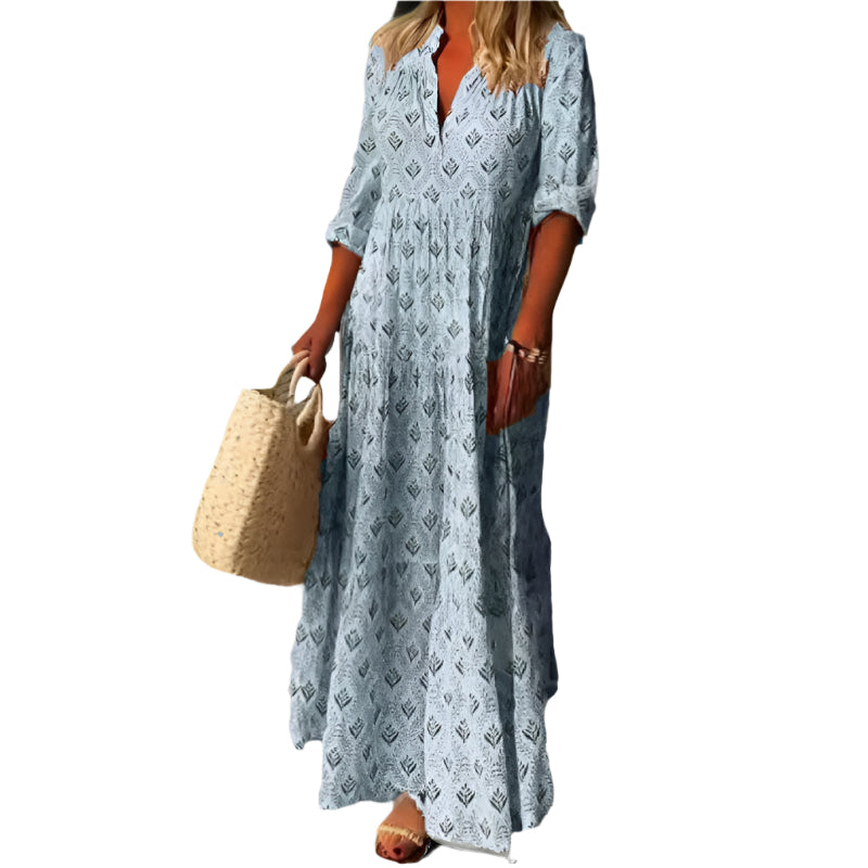 Women’s Maxi Dress – Lightweight Cotton – Loose Fit – V-Neck – Vintage Print – 3/4 Sleeve Modehuis-Nederland