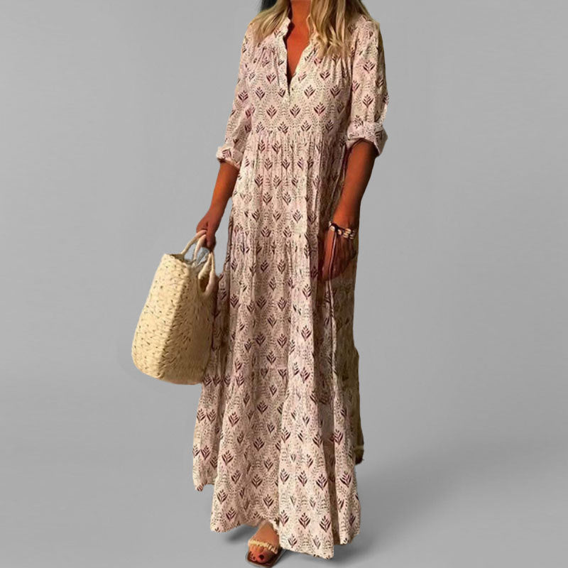 Women’s Maxi Dress – Lightweight Cotton – Loose Fit – V-Neck – Vintage Print – 3/4 Sleeve Modehuis-Nederland