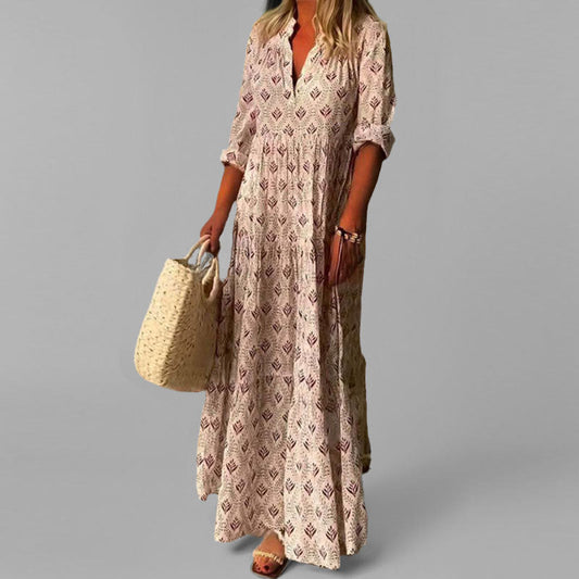 Women’s Maxi Dress – Lightweight Cotton – Loose Fit – V-Neck – Vintage Print – 3/4 Sleeve Modehuis-Nederland