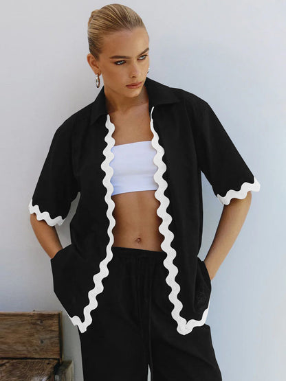 Dames tweedelige casual set met ruffle blouse en losse broek