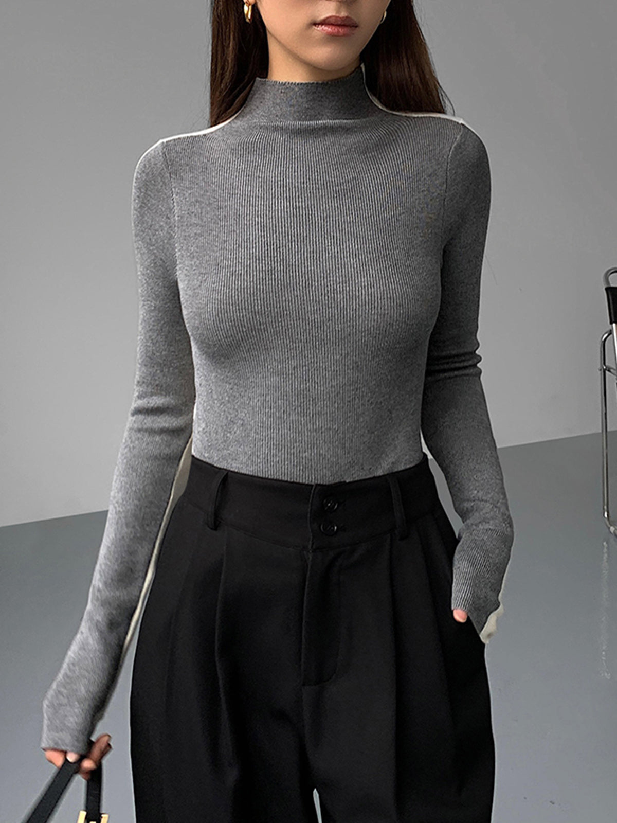 Two Tone Double Sided Long Sleeve Knit Top Modehuis-Nederland