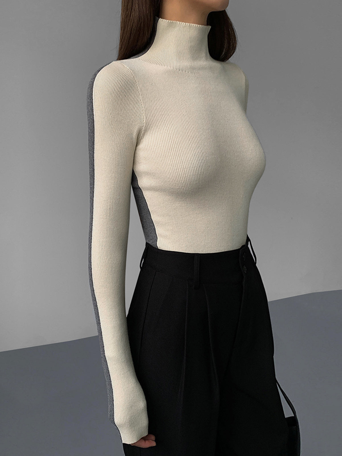 Two Tone Double Sided Long Sleeve Knit Top Modehuis-Nederland