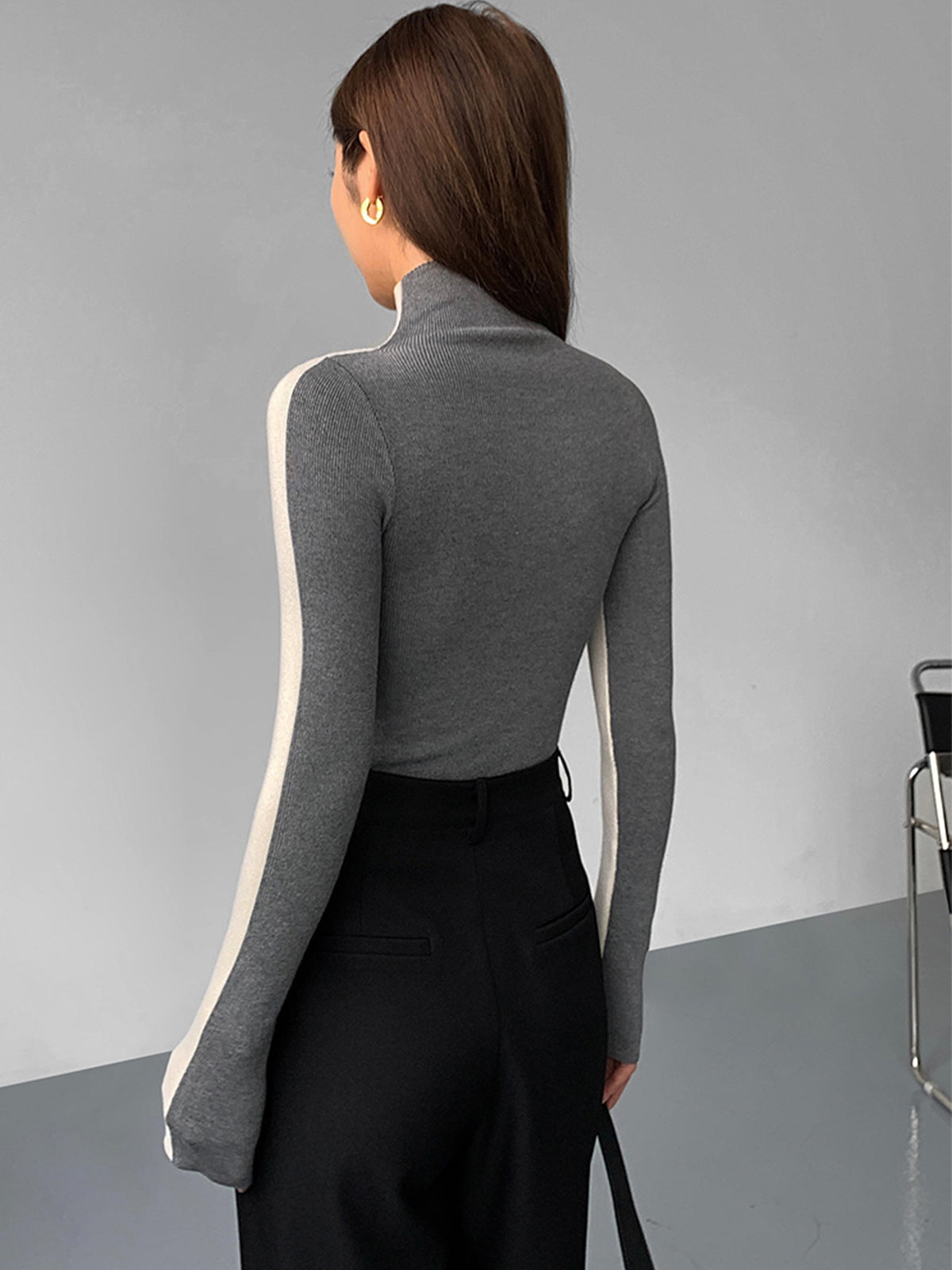 Two Tone Double Sided Long Sleeve Knit Top Modehuis-Nederland