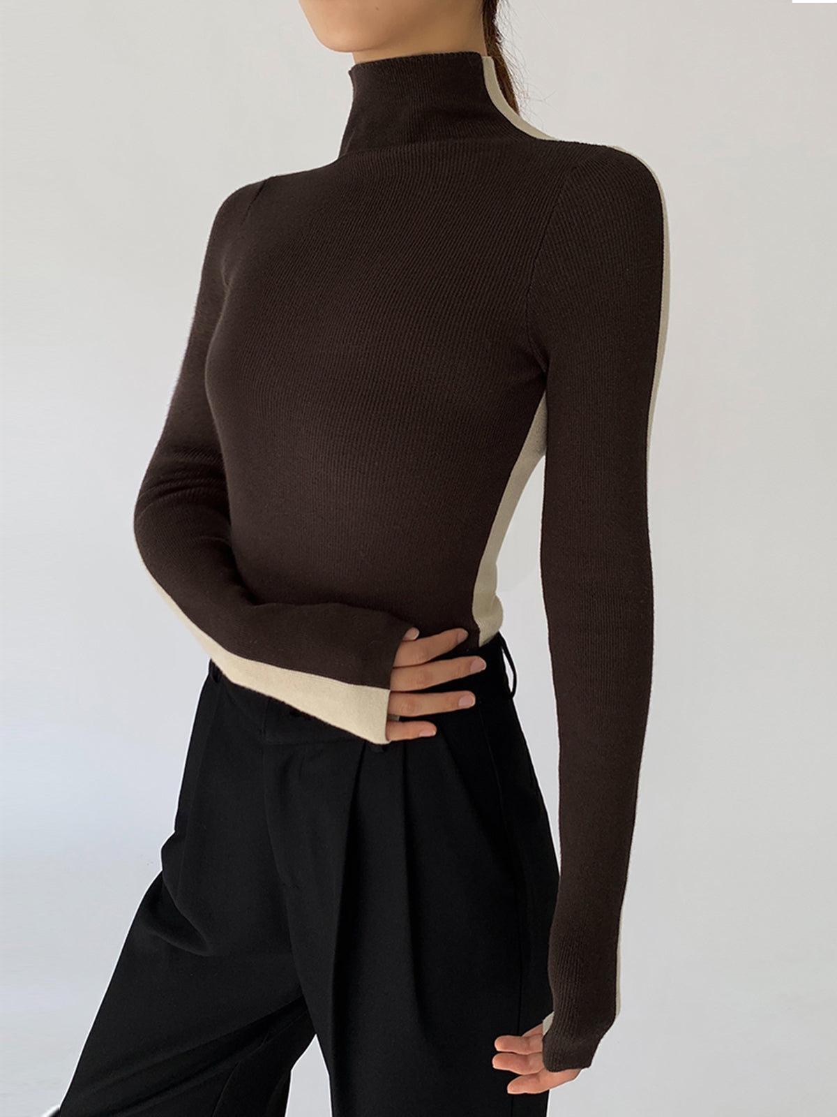 Two Tone Double Sided Long Sleeve Knit Top Modehuis-Nederland