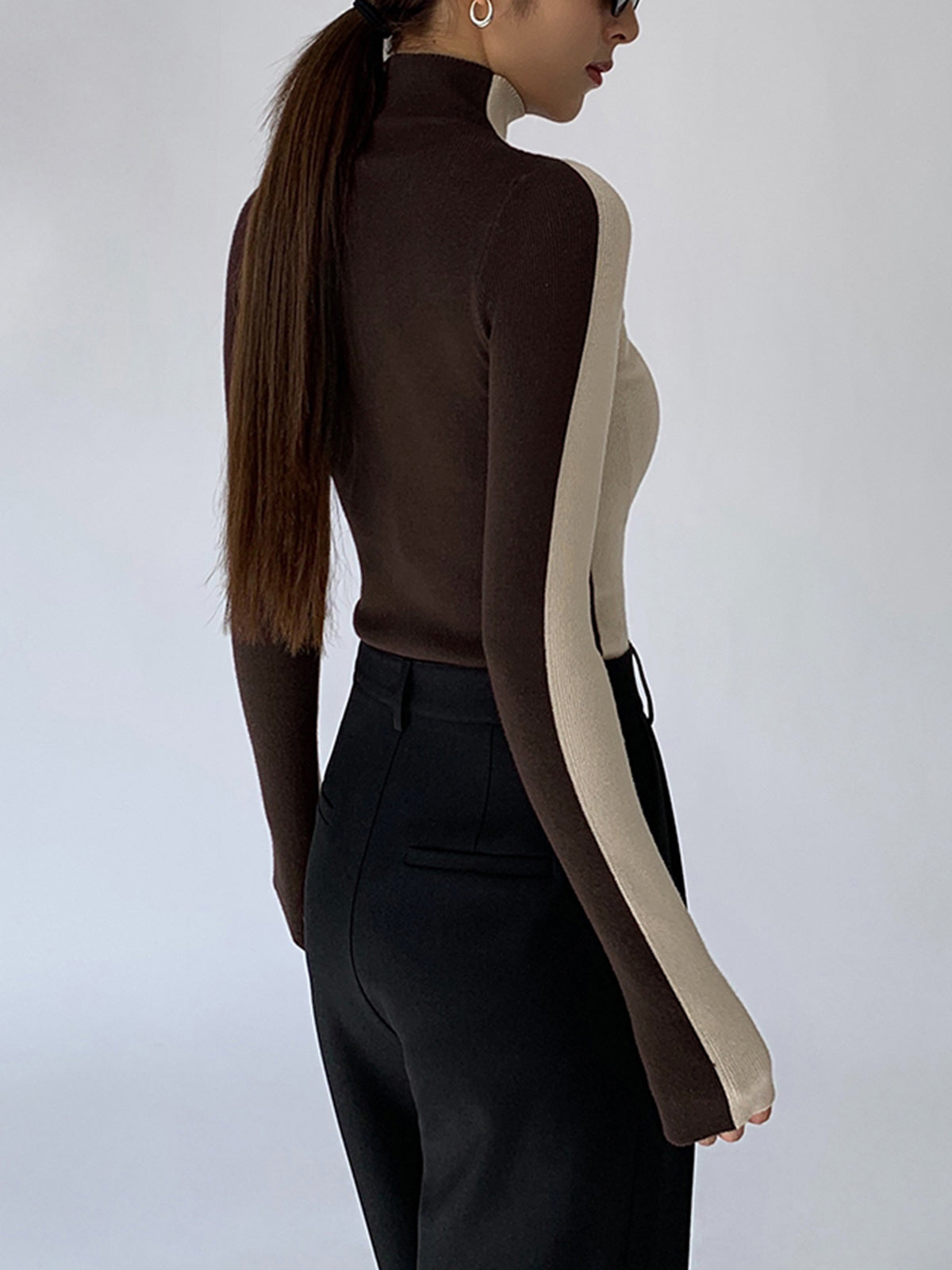 Two Tone Double Sided Long Sleeve Knit Top Modehuis-Nederland