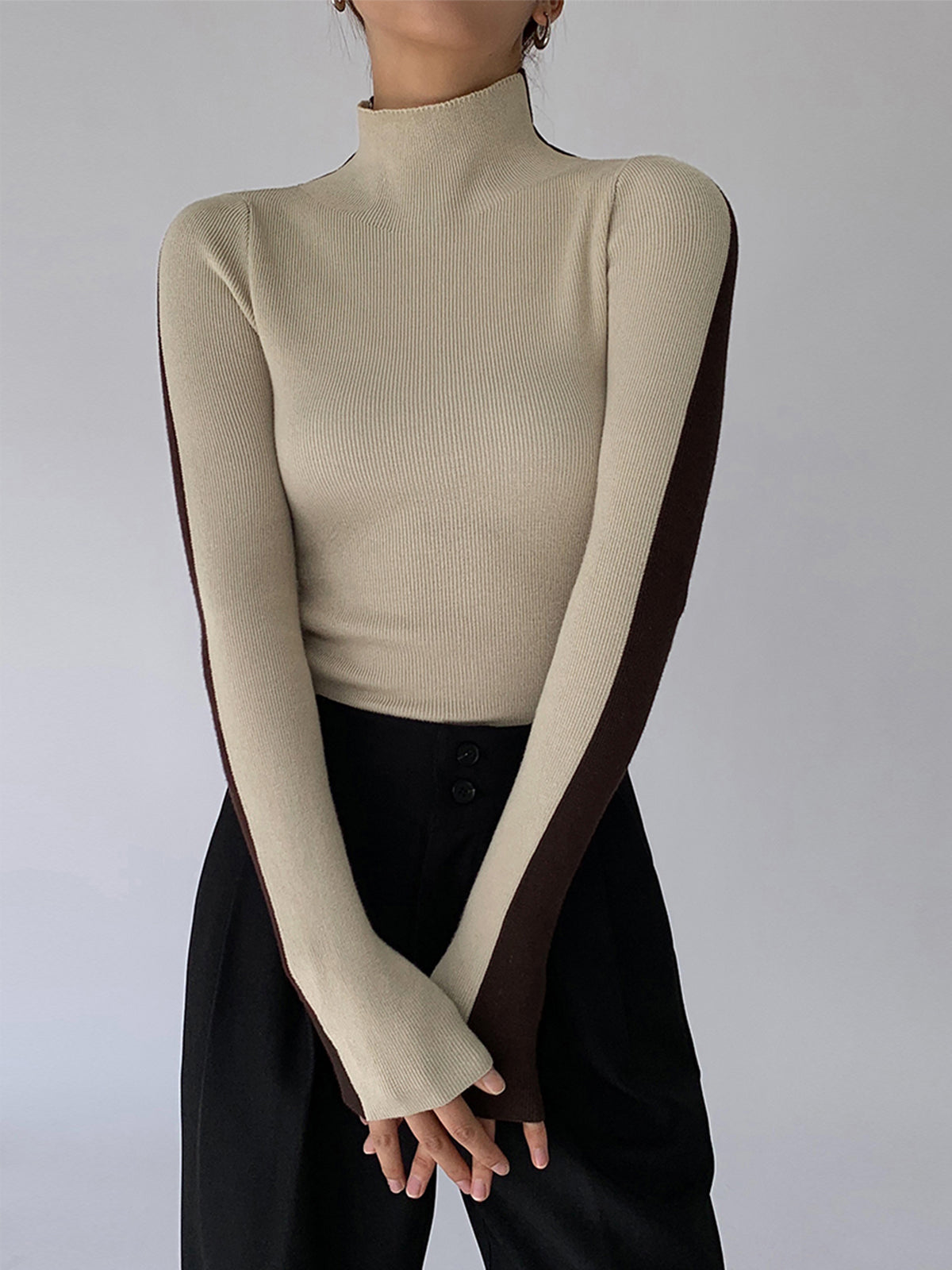 Two Tone Double Sided Long Sleeve Knit Top Modehuis-Nederland