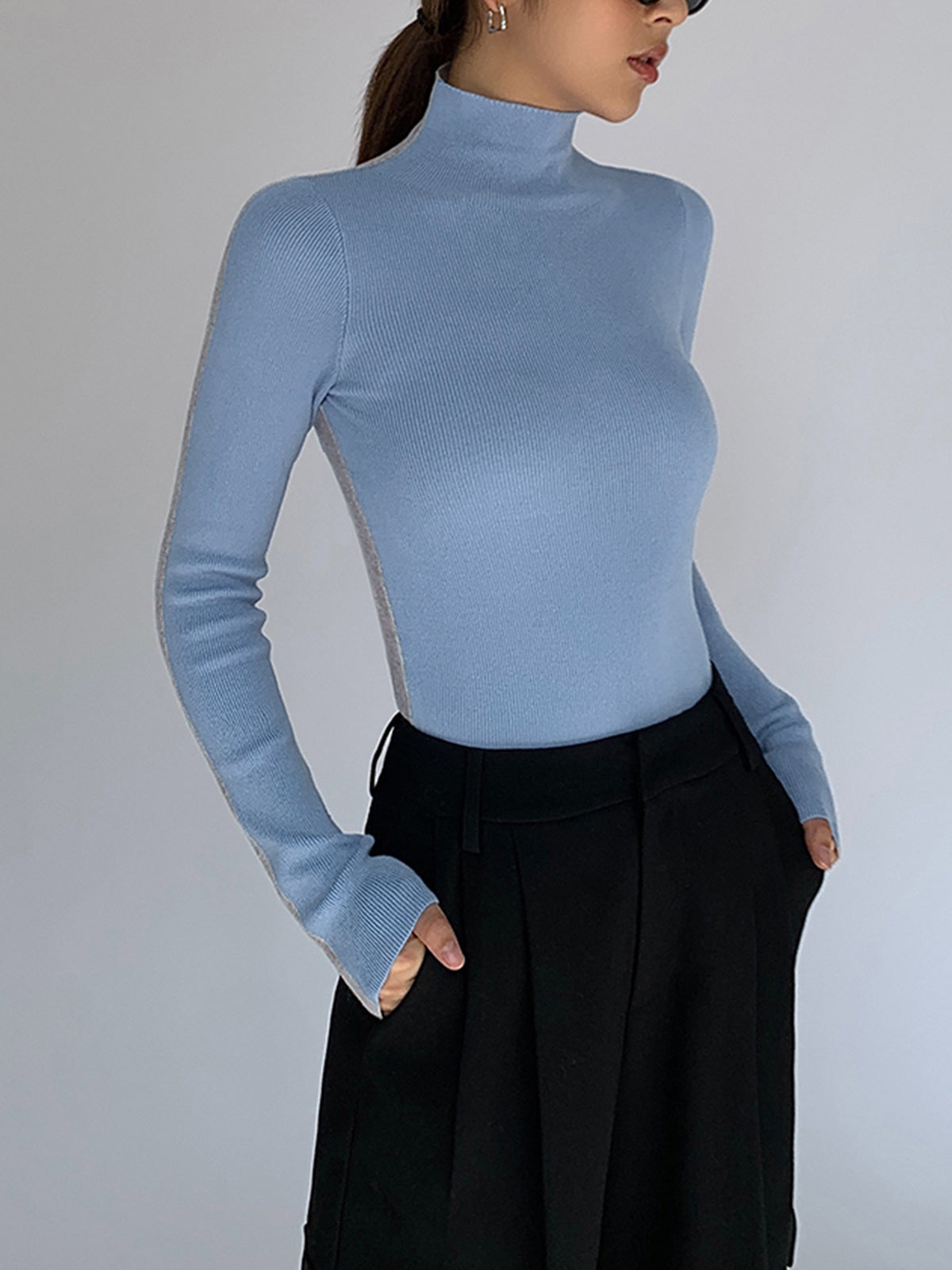 Two Tone Double Sided Long Sleeve Knit Top Modehuis-Nederland