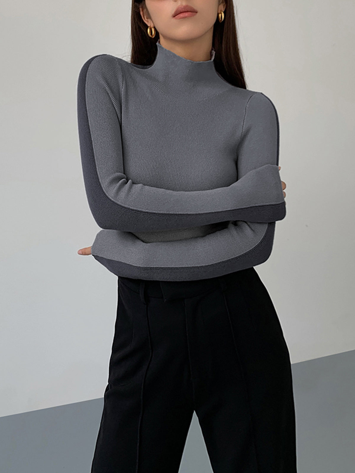 Two Tone Double Sided Long Sleeve Knit Top Modehuis-Nederland