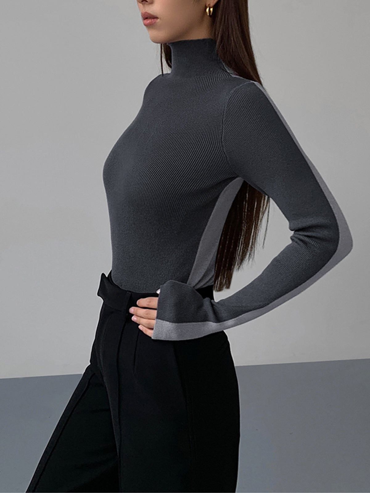 Two Tone Double Sided Long Sleeve Knit Top Modehuis-Nederland