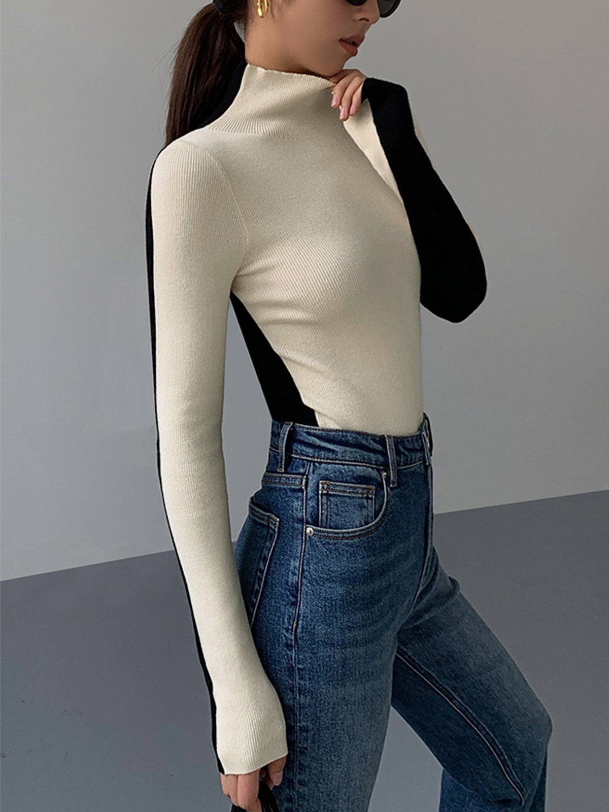 Two Tone Double Sided Long Sleeve Knit Top Modehuis-Nederland