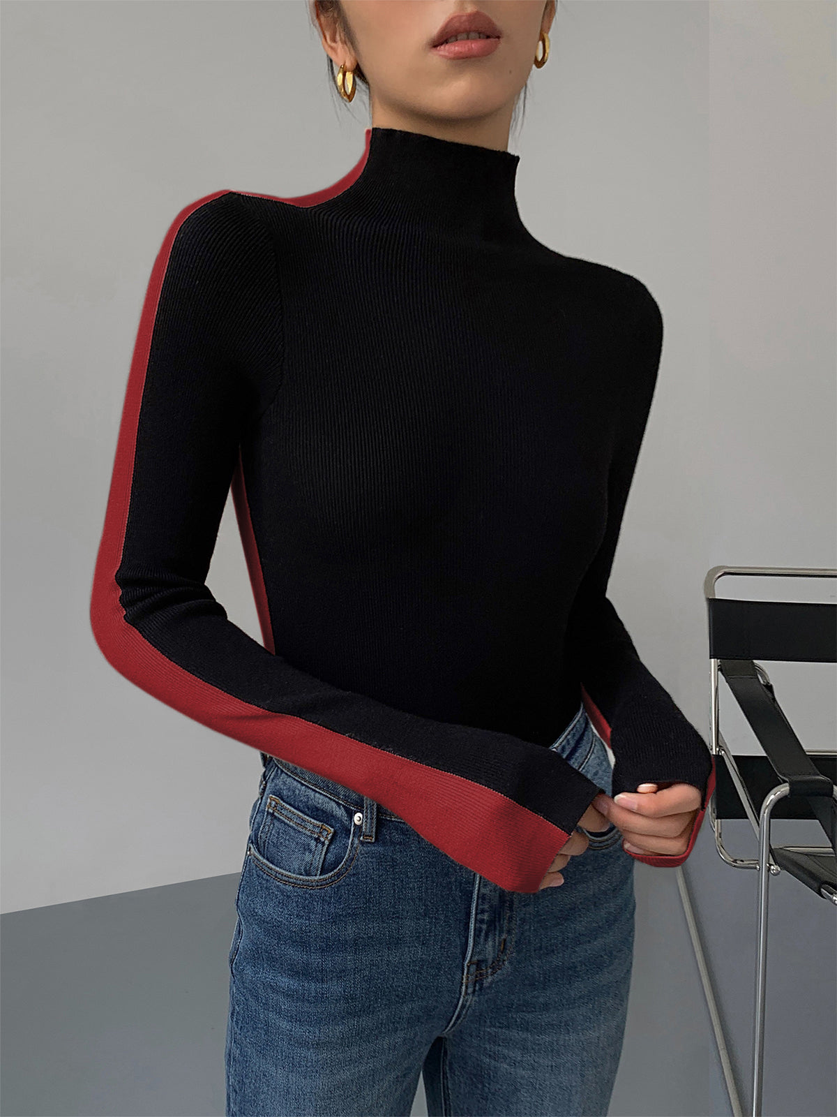 Two Tone Double Sided Long Sleeve Knit Top Modehuis-Nederland