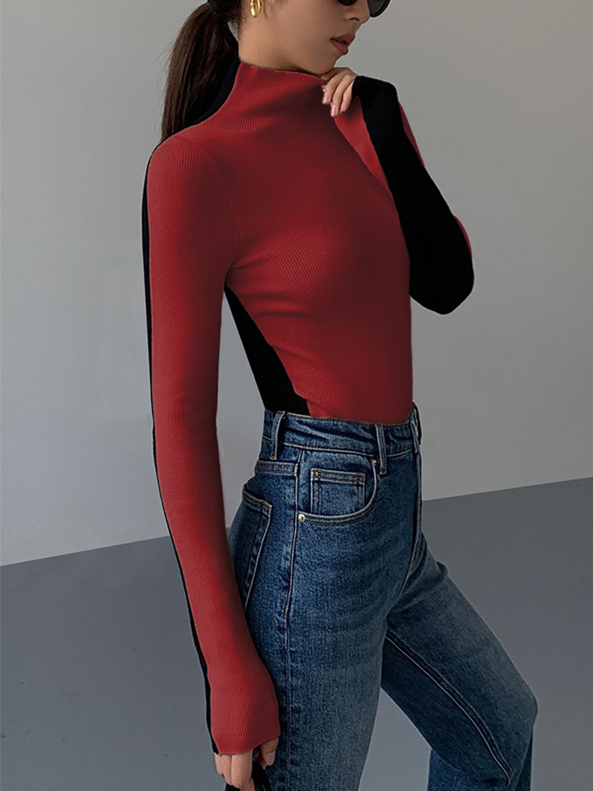 Two Tone Double Sided Long Sleeve Knit Top Modehuis-Nederland