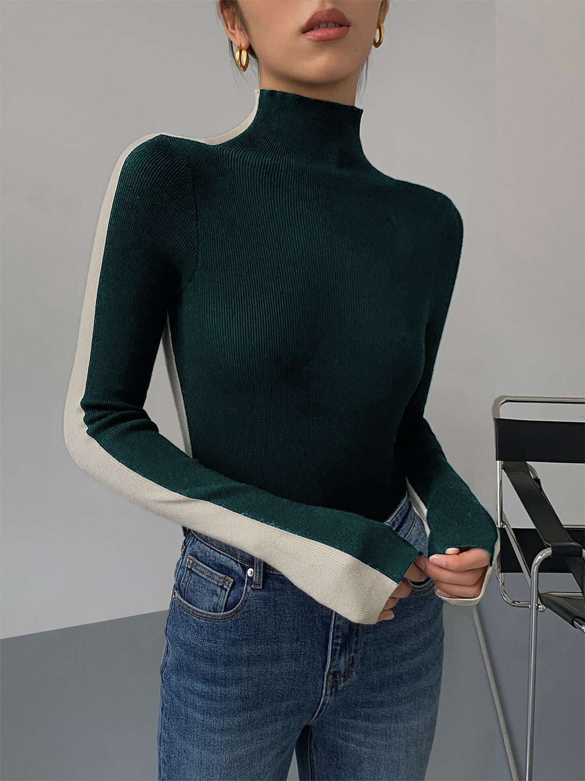 Two Tone Double Sided Long Sleeve Knit Top Modehuis-Nederland
