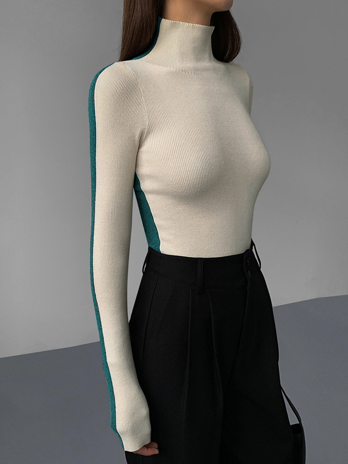 Two Tone Double Sided Long Sleeve Knit Top Modehuis-Nederland
