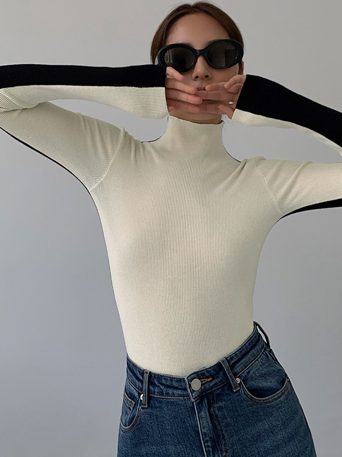 Two Tone Double Sided Long Sleeve Knit Top Modehuis-Nederland