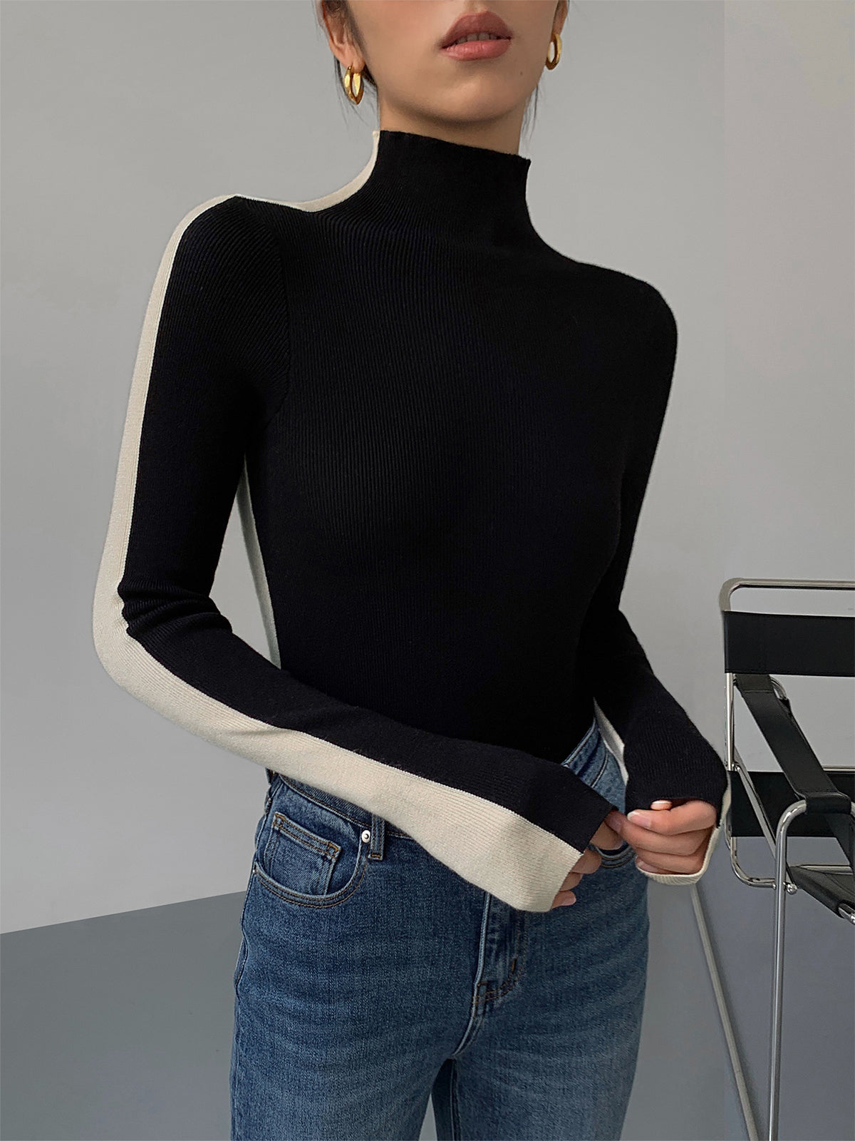 Two Tone Double Sided Long Sleeve Knit Top Modehuis-Nederland