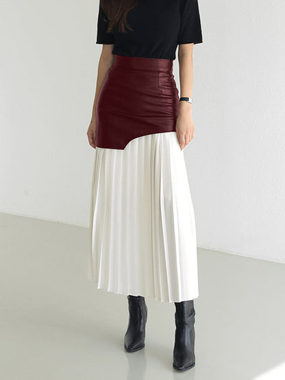 Asymmetric Patchwork Faux Leather Chiffon Pleated Midi Skirt Modehuis-Nederland