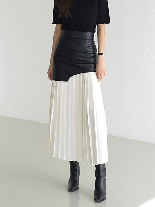 Asymmetric Patchwork Faux Leather Chiffon Pleated Midi Skirt Modehuis-Nederland