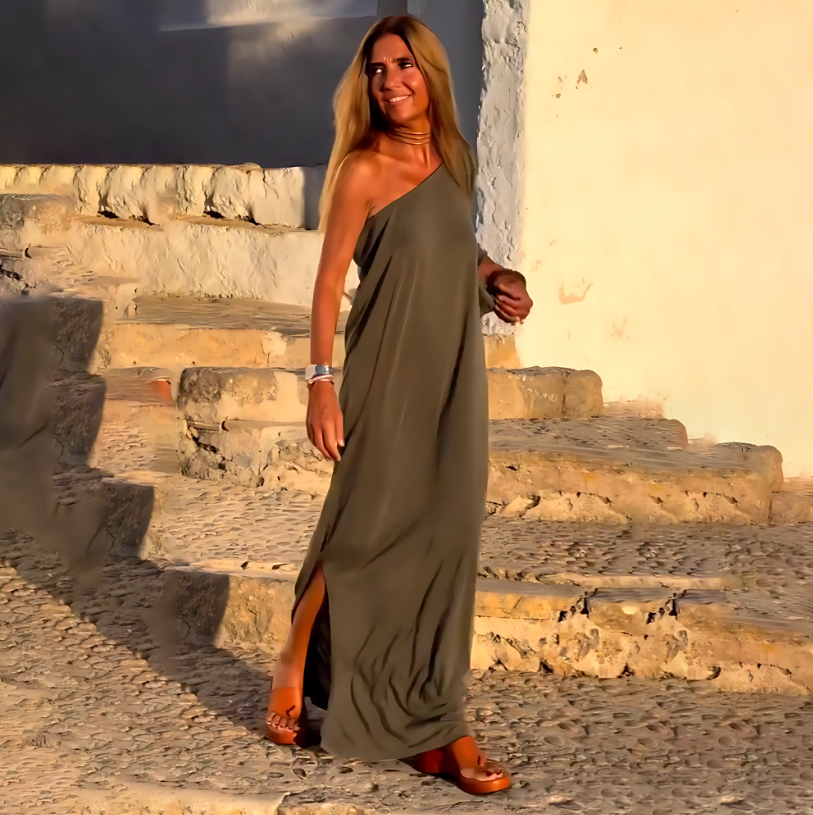 Off-shoulder maxi-jurk | Asymmetrische hals en splitdetails Modehuis-Nederland