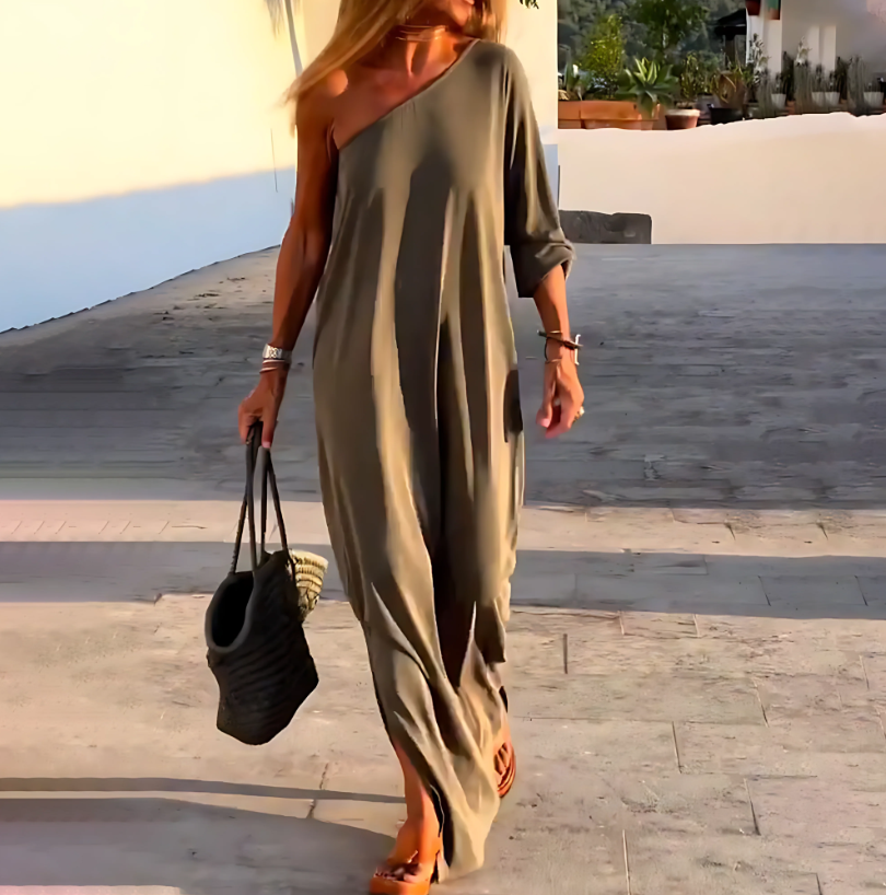 Off-shoulder maxi-jurk | Asymmetrische hals en splitdetails Modehuis-Nederland
