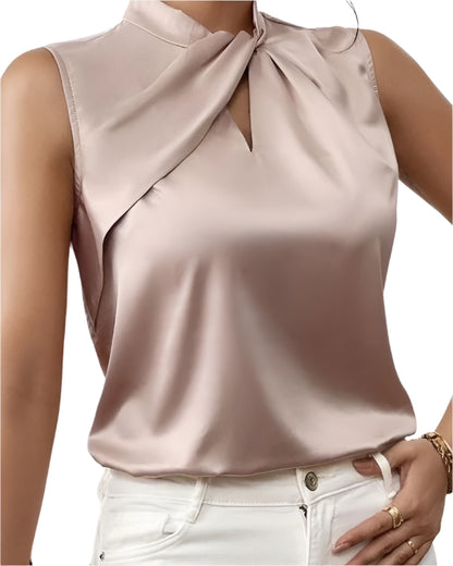 Dames Blouse - Elegante Satijnen - Mouwloze Blouse - Gedraaide Hals Modehuis-Nederland